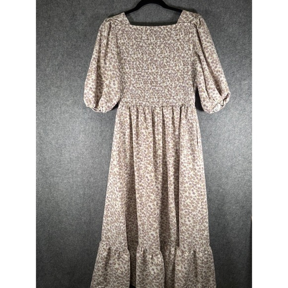 Leia & Co M Purple Floral V-Neck Puff Sleeve Midi Dress Pockets Smocked Back - Picture 7 of 9